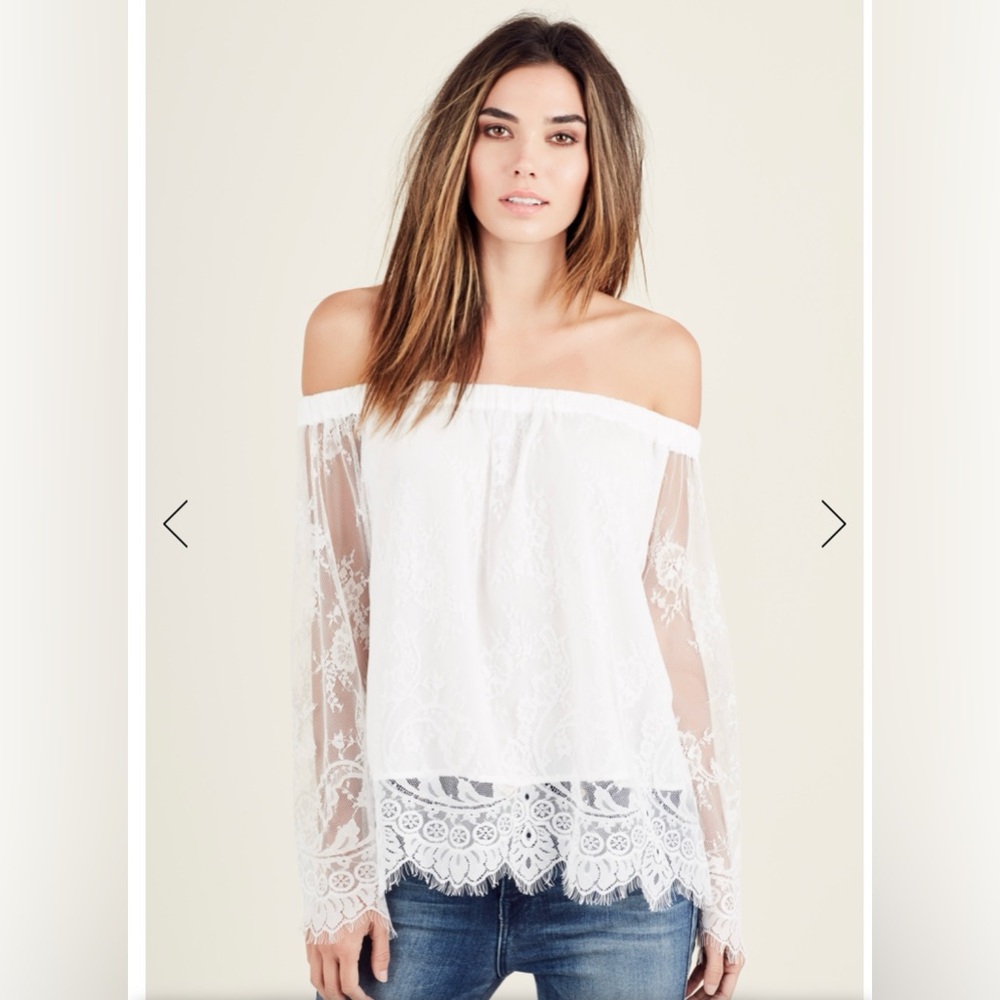 BRAND NEW True Religion Womens White Lace Off The Shoulder Top - Size Medium